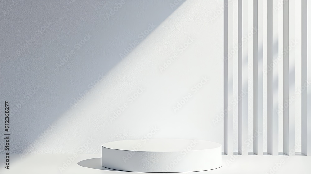 Poster a futuristic podium with clean lines and sunlight filtering through, creating a splash of modernity 