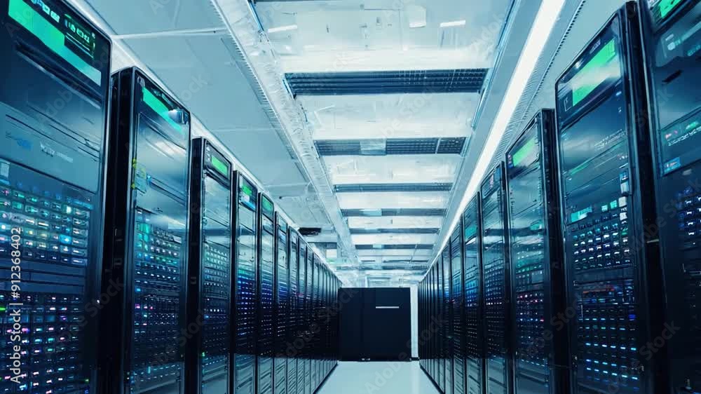 Poster rows of high-performance servers are set in a sleek data center, illuminated by bright led lights an