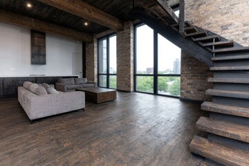 Spacious modern loft with exposed brick and wooden beams