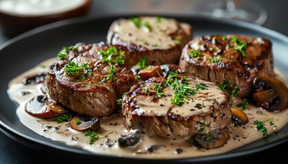 Plate of steak with mushrooms, creamy sauce, closeup, garnished, restaurant setting, bright lighting