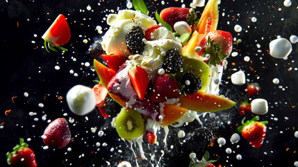 Fruit salad with strawberries, kiwi, mango and yogurt on a black background. The fruits are covered with whipped cream. White drops scatter all over the background
