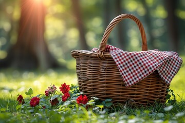 Red and white checkered picnic basket with gingham cloth on grass picnic mockup blurred background