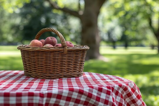 Red and white checkered tablecloth picnic in the park with a basket of aples