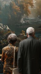 Fototapeta premium An elderly couple stands together, appreciating a large classical painting in an art gallery