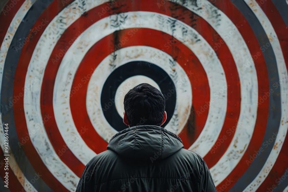 Poster man is standing alone outside in front of a large target symbol thinking about goal setting