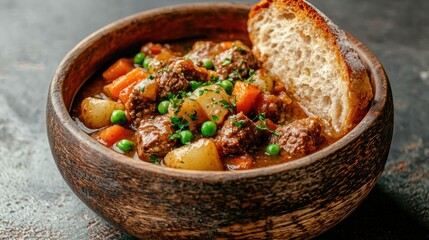 Hearty beef and vegetable stew in a wooden bowl with crusty bread