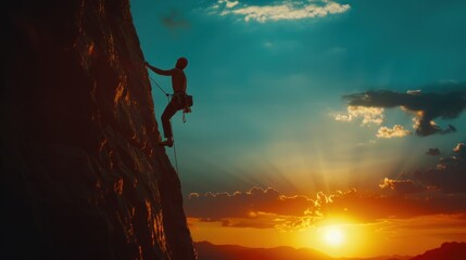 Climber Ascending a Cliff at Sunset