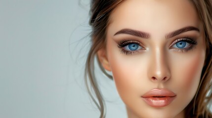 Fototapeta premium Portrait of a beautiful young woman with blue eyes and natural makeup. Her soft expression and gentle gaze create a captivating image.