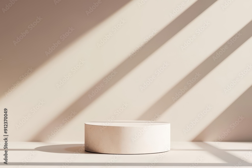 Poster a minimal podium stands elegantly with sunlight filtering through, perfect for showcasing products i