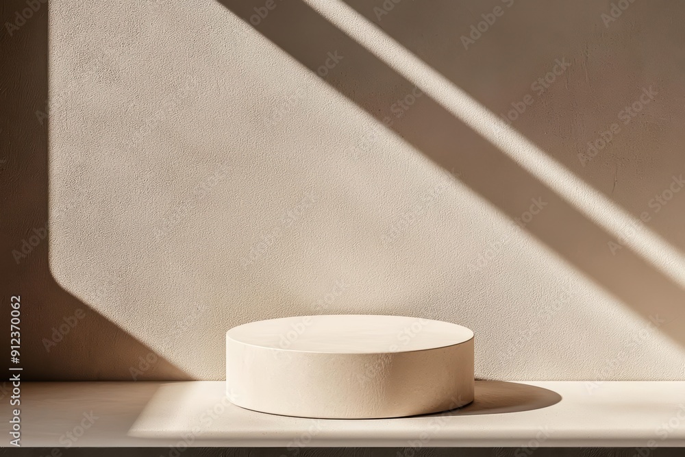 Poster a minimal podium stands elegantly with sunlight filtering through, perfect for showcasing products i