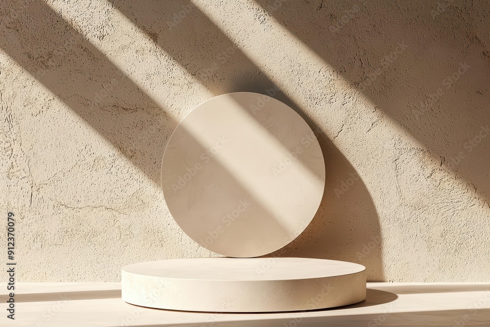 Poster a minimal podium stands elegantly with sunlight filtering through, perfect for showcasing products i