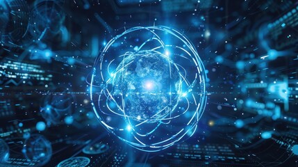 Obraz premium Abstract futuristic atomic digital computer of blue and orange sphere