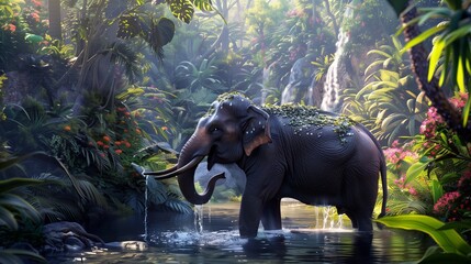 The elephant standing in a lush jungle stream, water cascading off its back, with dense foliage and bright flowers in the background.