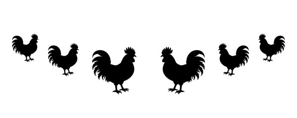 Set of vector rooster and chiken silhouettes on the white background