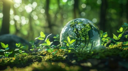 A glass globe with a green planet inside is surrounded by green plants and moss