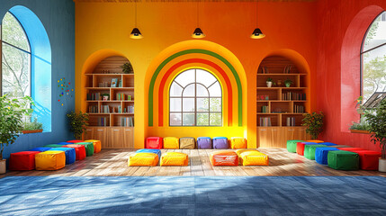 A colorful kindergarten classroom with cheerful playful decorations