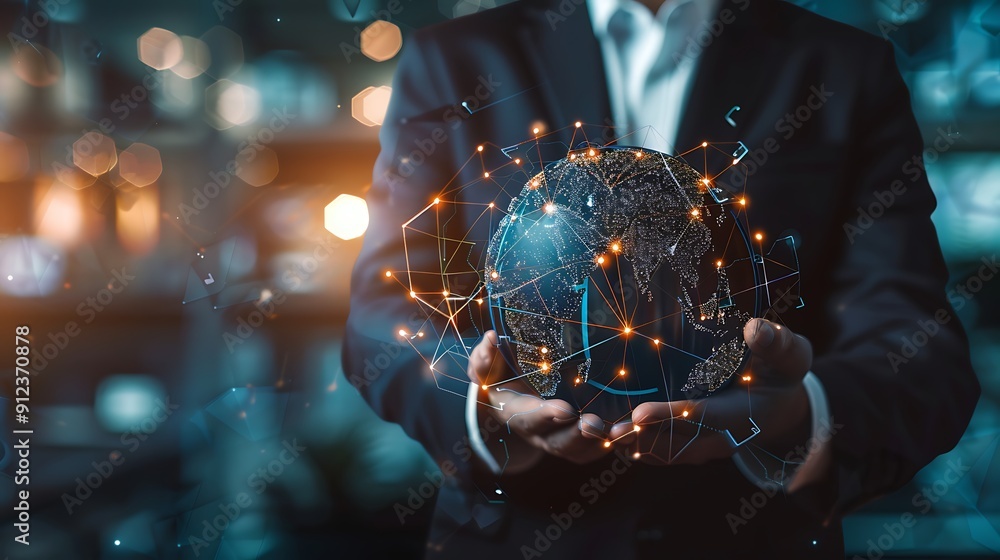 Poster man in a suit holds a glowing globe, symbolizing global connection and innovation in the digital wor