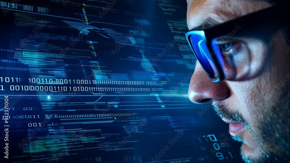 Poster close-up of cybersecurity analyst examining digital data on screen