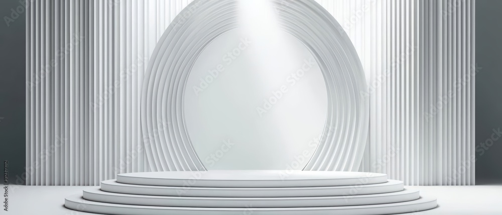 Poster a podium designed with futuristic elements and sunlight filtering through creates a captivating stag