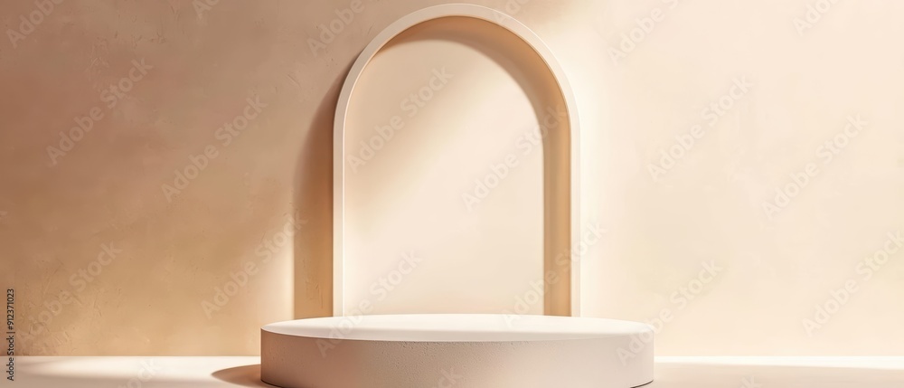 Poster a podium designed with futuristic elements and sunlight filtering through creates a captivating stag