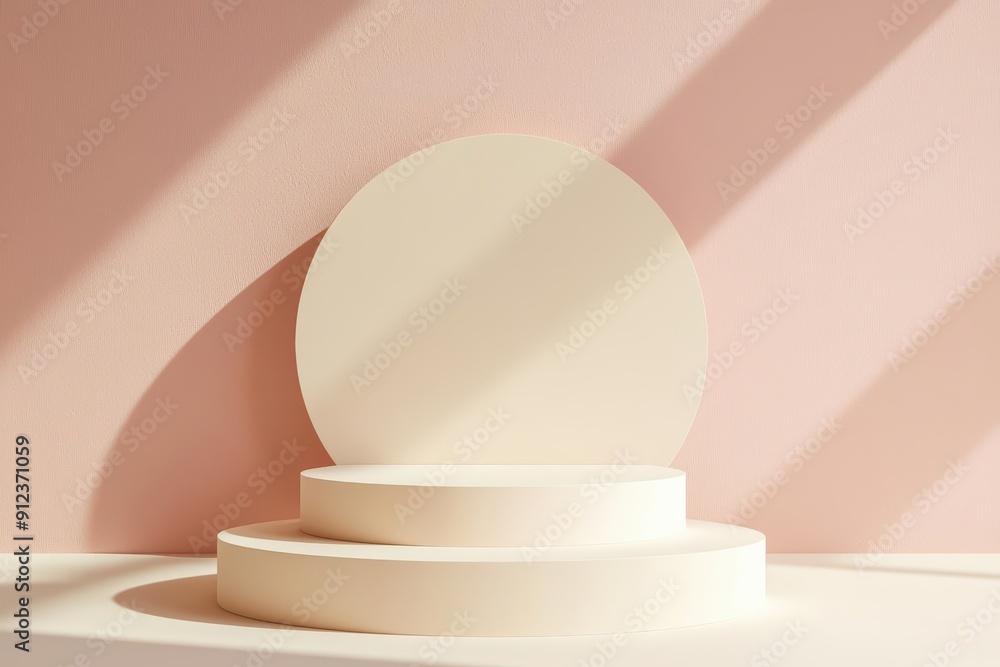 Poster a podium featuring modern geometric shapes with sunlight filtering through, creating an explosion of