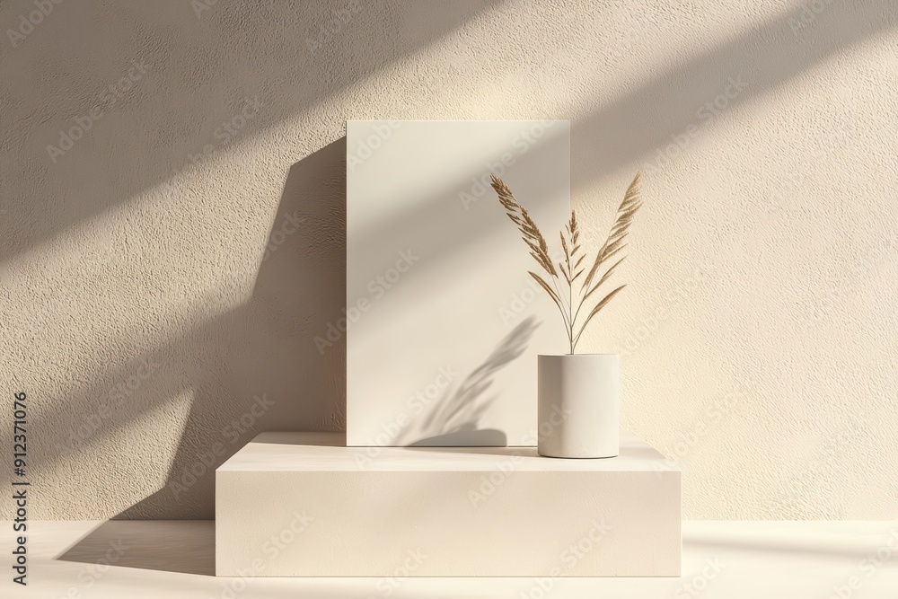 Poster a podium featuring modern geometric shapes with sunlight filtering through, creating an explosion of