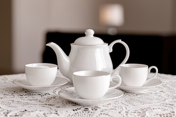 Elegant white porcelain tea set on lace tablecloth