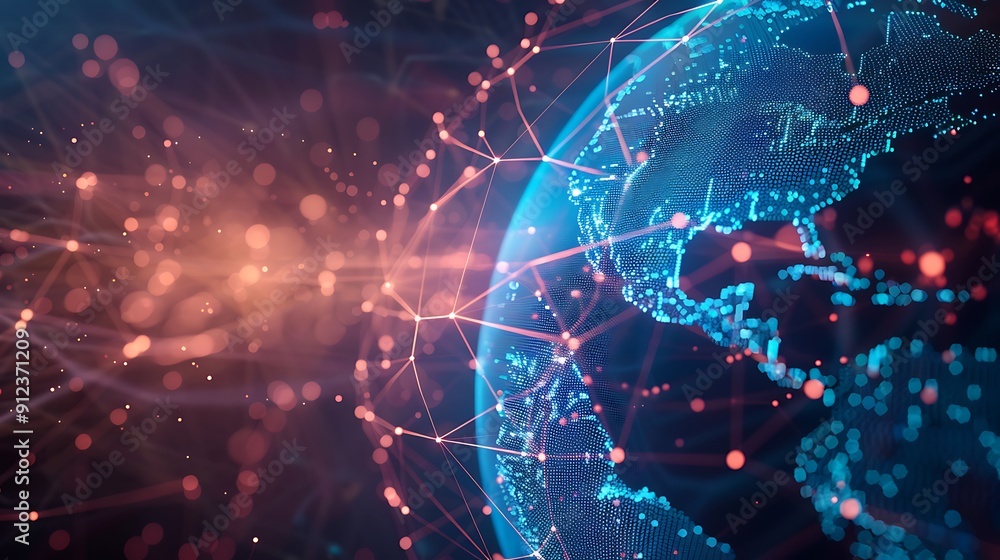 Poster digital representation of the earth, with glowing lines connecting different points, highlighting th