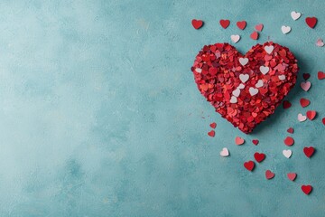 red heart-shaped confetti on teal background