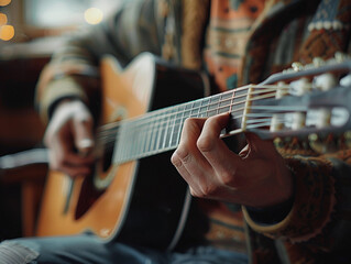 Fototapeta premium A Musician Playing Acoustic Guitar While Seated Indoors on a Cozy Evening