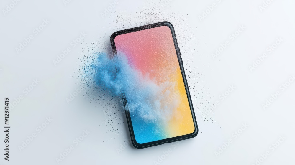 Poster a sleek modern explosion of color showcases a stylish handdrawn smartphone with a vibrant screen on 