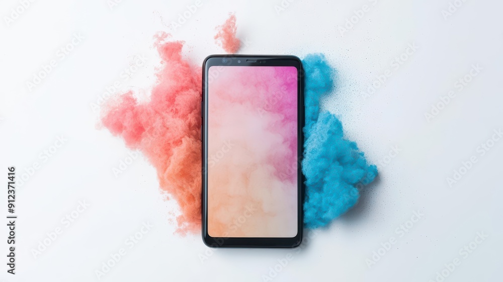 Poster a sleek modern explosion of color showcases a stylish handdrawn smartphone with a vibrant screen on 