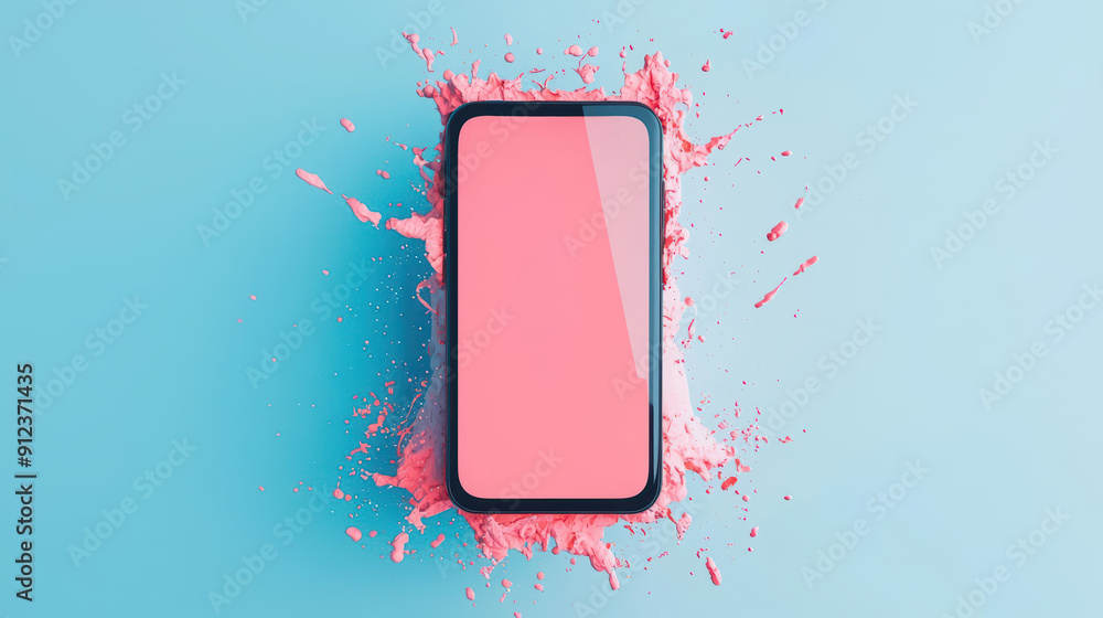 Poster a sleek modern explosion of color showcases a stylish handdrawn smartphone with a vibrant screen on 