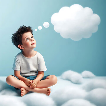 Junge Kind sitzt barfu&szlig; l&auml;chelnd tr&auml;umend auf Wolke am blauen Himmel mit leerer Gedankenblase &uuml;ber seinem Kopf schwebend zur Gestaltung verliebt gl&uuml;cklich l&auml;chelnd nachdenken tr&auml;umen vertr&auml;umt