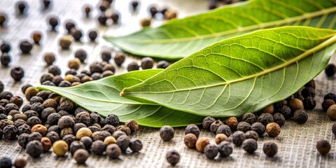 Fresh bay leaves and scattered black peppercorns against a soft, neutral background, evoking a sense of gourmet sophistication and elegance for upscale culinary designs and textures.