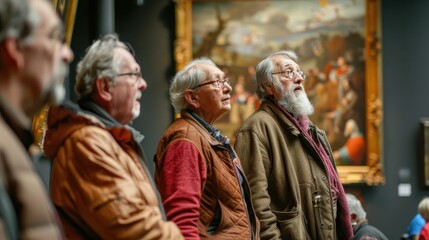 Obraz premium Four men observe and appreciate artwork in a museum setting, engaging in thoughtful conversation