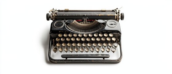 A strange vintage typewriter with keys reflecting sunlight filtering through the spaces creating a unique look isolate on white background with copy space