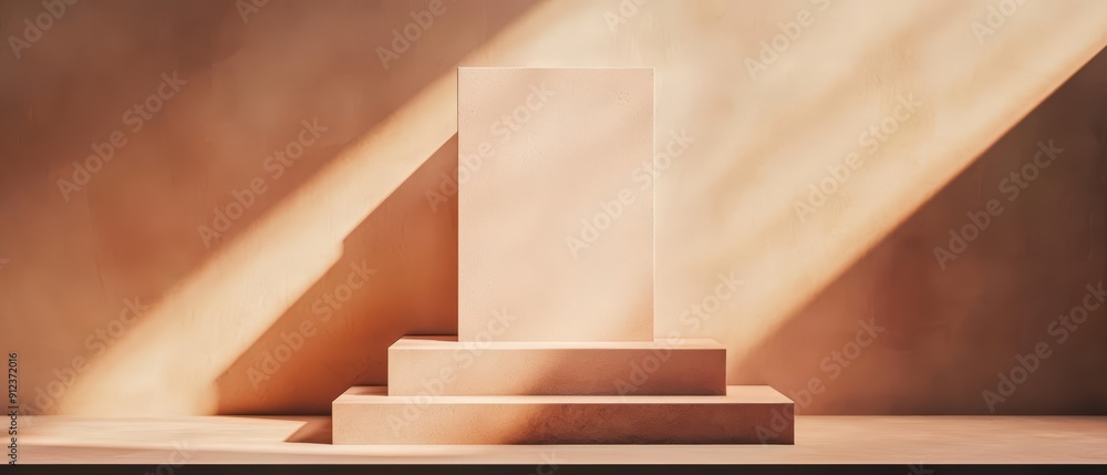 Poster a strange yet captivating podium with unconventional shapes and sunlight filtering through, creating