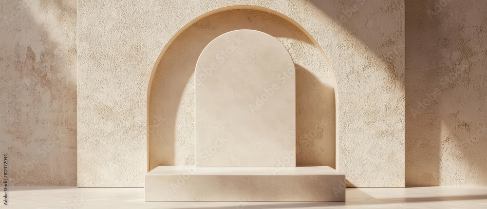 Poster a strange yet captivating podium with unconventional shapes and sunlight filtering through, creating