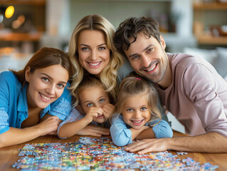 Fototapeta premium Family Enjoys Quality Time Together While Completing Puzzle at Home in Cozy Living Room