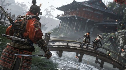 Naklejka premium A samurai warrior stands on a bridge facing two other warriors on the bridge, with a Japanese temple in the background.