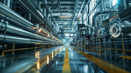 Fototapeta premium Industrial Factory Interior with Pipes and Machinery