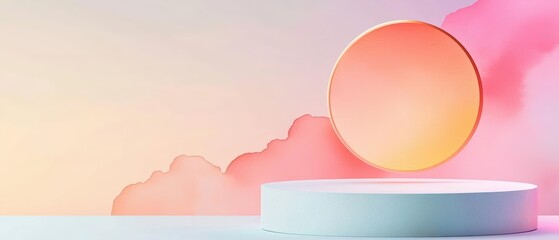 A watercolor style podium with a glowing circle and floating geometric shapes