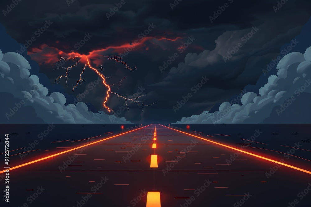 Poster a road with a lightning bolt striking down from the cloudy sky, highlighting the importance of safet