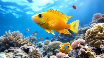 A vibrant yellow fish swims gracefully among colorful coral in a serene underwater scene, showcasing marine beauty.
