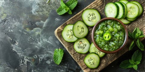 Cucumber Jalapeno Mint Jam Overhead Shot with Blank Space Flat Lay Perspective