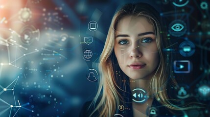 woman looking directly at the camera in a world full of digital elements representing the future of technology.