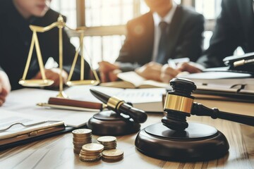  Legal Office Scene with Gavel, Justice Scales, Law Books, and Business Discussion in Natural Light
