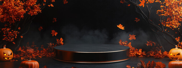 Podium and minimal abstract background for Halloween, 3d rendering geometric shape, Stage for product.