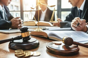  Legal Office Scene with Gavel, Justice Scales, Law Books, and Business Discussion in Natural Light